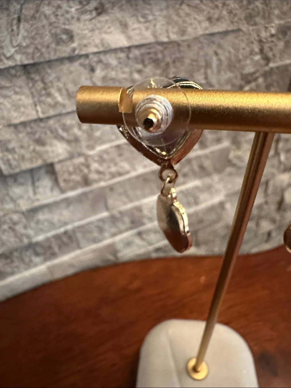 Fashion Jewelry Gold and Clear Heart Drop Earrings with Textured Discs
